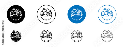 Vegetable salad meal line vector illustration set. Healthy full salad bowl in black and blue color. photo