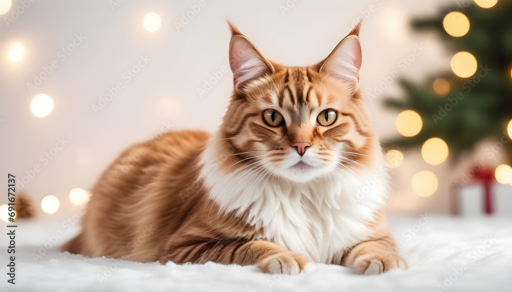 A cat rests in front of a Christmas tree A cat rests in front of a Christmas tree