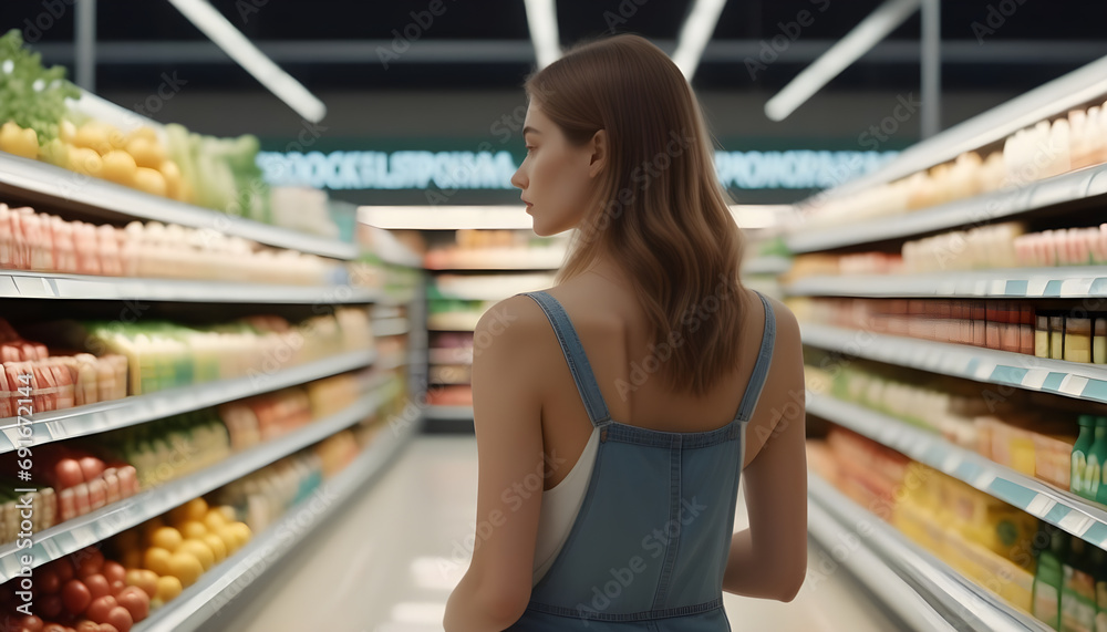 Young woman searches for sale products in the supermarket.