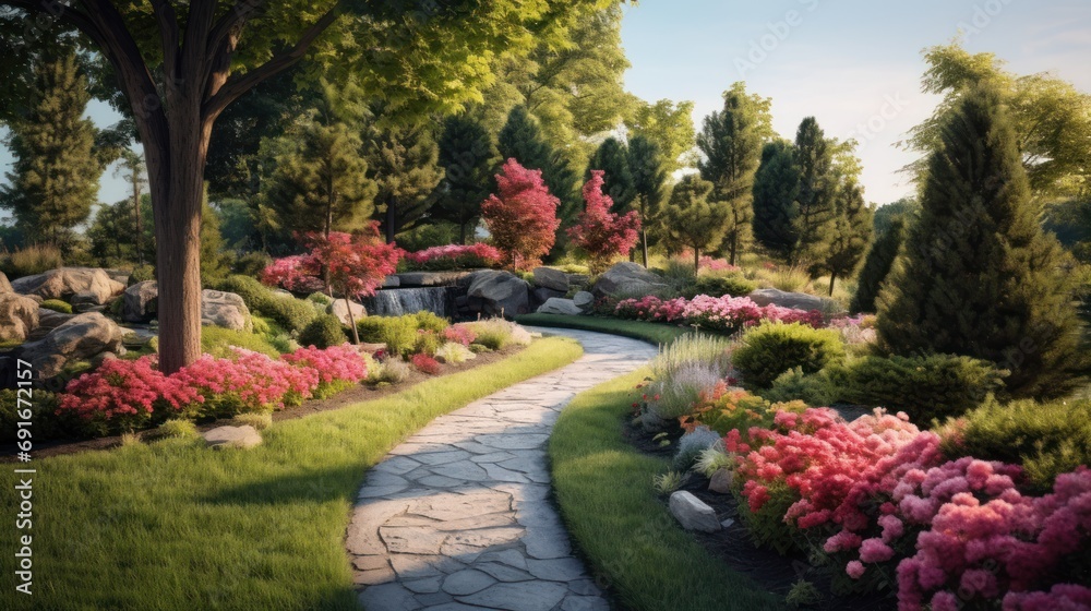 Obraz premium a painting of a path in a garden with flowers and trees on either side of the path is a stone path that runs through the center of a grassy area.