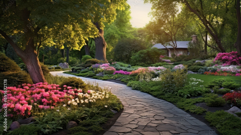  a pathway through a lush green park with lots of flowers on either side of it and a house on the other side of the path that is surrounded by trees.