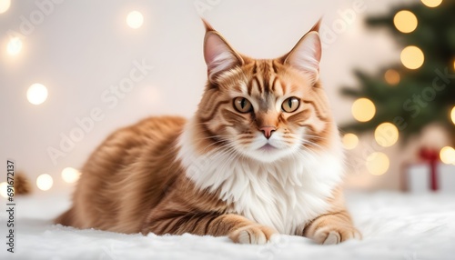 A cat rests in front of a Christmas tree