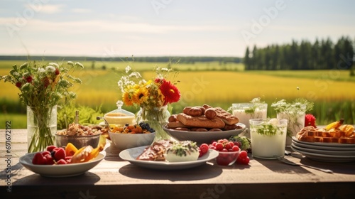  a table topped with plates of food next to a glass of milk and a vase filled with flowers on top of a wooden table in front of a green field.