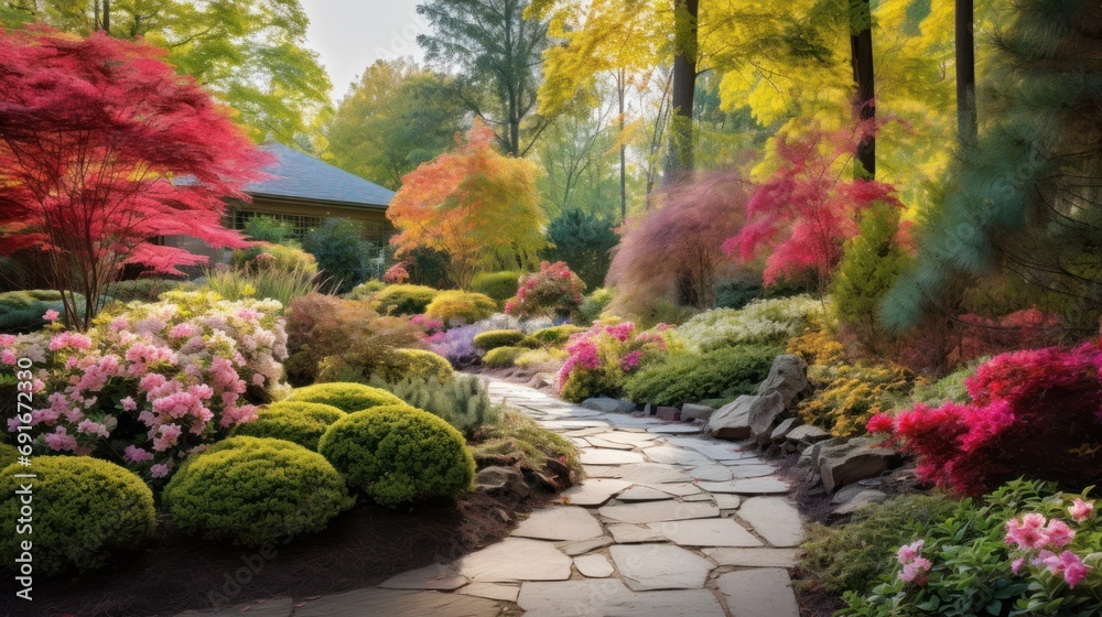 a garden with a stone path surrounded by colorful trees and shrubs, with a house in the background and a stone pathway leading up to the front of the house. a garden with a stone path surrounded by colorful trees and shrubs, with a house in the background and a stone pathway leading up to the front of the house.