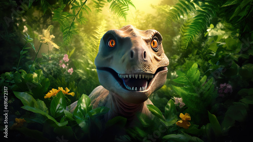 a hiding hunting raptor in the jungle, cartoon style