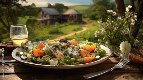  a plate of salad and a glass of wine on a wooden table with a view of a green field and a house in the distance with a glass of wine in the foreground.