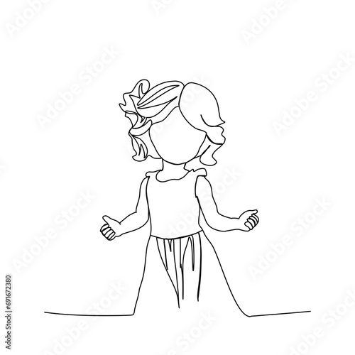 Little girl in a beautiful dress one line drawing vector illustration.