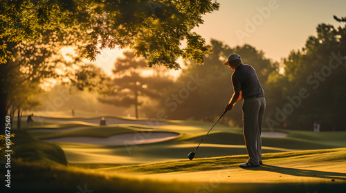 senior man swinging a golf club on a lush green golf course