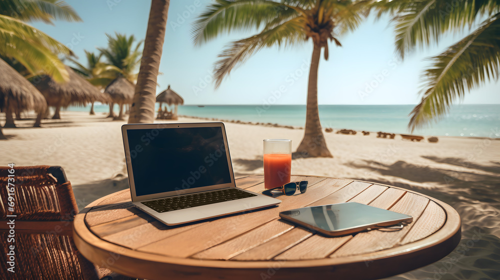 Working remotely from a paradise beach: a digital nomad office consisting of a wooden table by the ocean among palm trees with laptop, tablet, sunglasses, & a tropical juice on top of it. - obrazy, fototapety, plakaty 