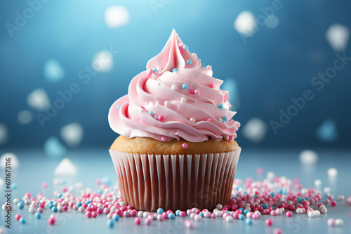cupcake with candle against festive bokeh blue background