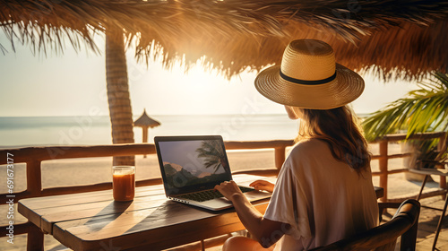 Woman wearing a straw hat working remotely with her laptop from a tropical beach, facing the ocean, under the shade of a thatched roof in the golden hour. photo