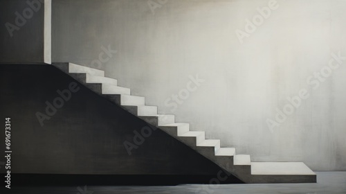  a painting of a staircase leading up to a room with a white wall and a black and white painting of a person standing in the middle of the stair way.