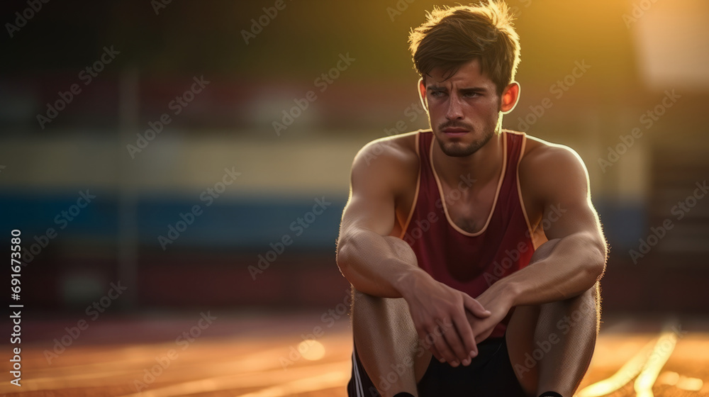 A sad athlete sitting on the ground, with his hands resting on his knees.