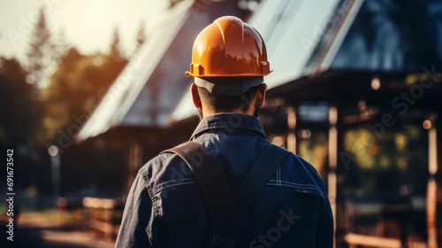 A worker in a hard hat and blue jacket standing in front of a building.