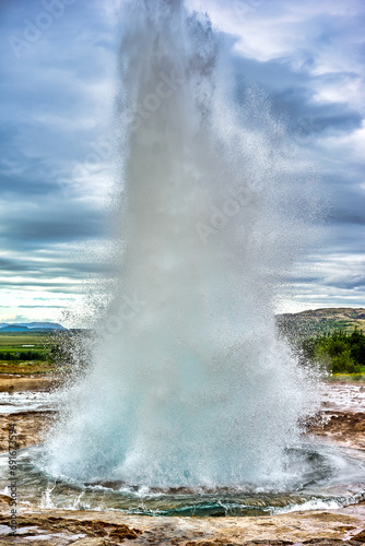Strokkur is a fountain-type geyser located in a geothermal area beside the Hvítá River in Iceland in the southwest part of the country, east of Reykjavík.