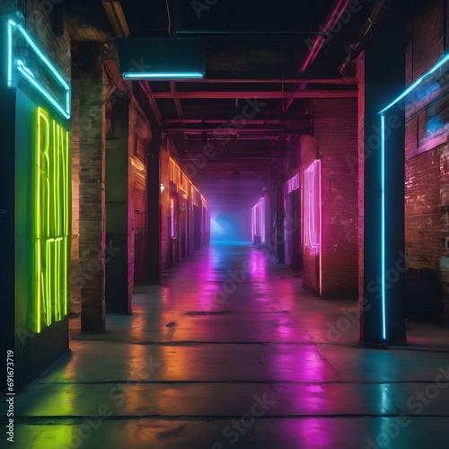 Search for photos set in industrial spaces with exposed brick walls, metal structures, and neon lights, blending urban and neon aesthetics for an edgy look