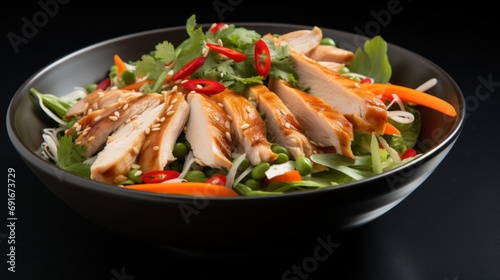  a salad with chicken, carrots, lettuce, red peppers and sesame seeds in a black bowl on a black tablecloth with a black back ground.