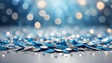 blue and silver abstract glitter confetti bokeh background, Christmas sequins bokeh background. Blur glitter confetti texture. New year iridescent empty template. Winter sparkling pattern. 