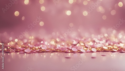 pink and gold abstract glitter confetti bokeh background  Christmas sequins bokeh background. Blur glitter confetti texture. New year iridescent empty template. Winter sparkling pattern. 