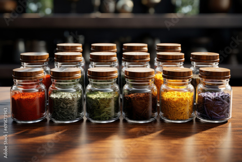 A set of crystal-clear glass jars filled with colorful spices, creating a visually appealing kitchen display. Concept of culinary aesthetics. Generative Ai.