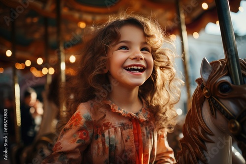 Adorable little blonde girl in summer dress at amusement park having a ride on the merry-go-round. Child girl has fun outdoor on sunny summer day. Entertainment concept © Irina Mikhailichenko