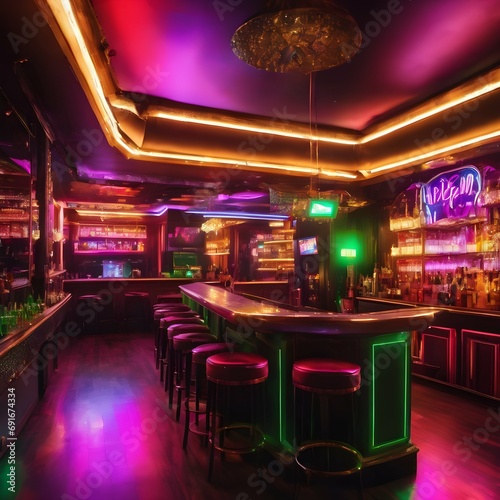 Chic Nightclub Ambiance Explore pictures capturing the ambiance of a stylish nightclub or bar, featuring neon lights, LED stages, and a trendy crowd