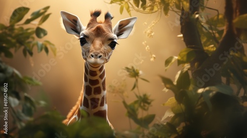  a close up of a giraffe's face in front of a tree and bushes with sunlight streaming through the leaves of the trees and behind the giraffe's head.