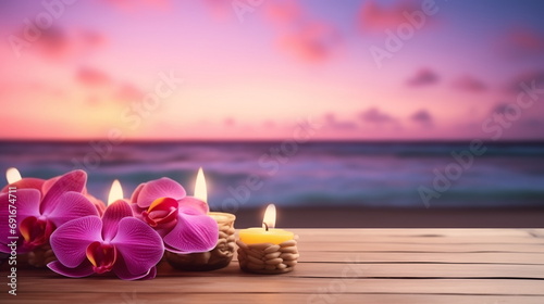 Wooden tabletop for product display with tropical pink orchids flowers and burning candles. Morning sky and sea at the background behind. Meditation concept. Copy space