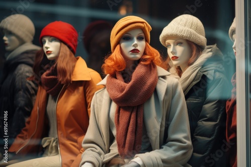 A group of mannequins wearing hats and scarves. Perfect for showcasing winter fashion or creating a retail display with a seasonal theme