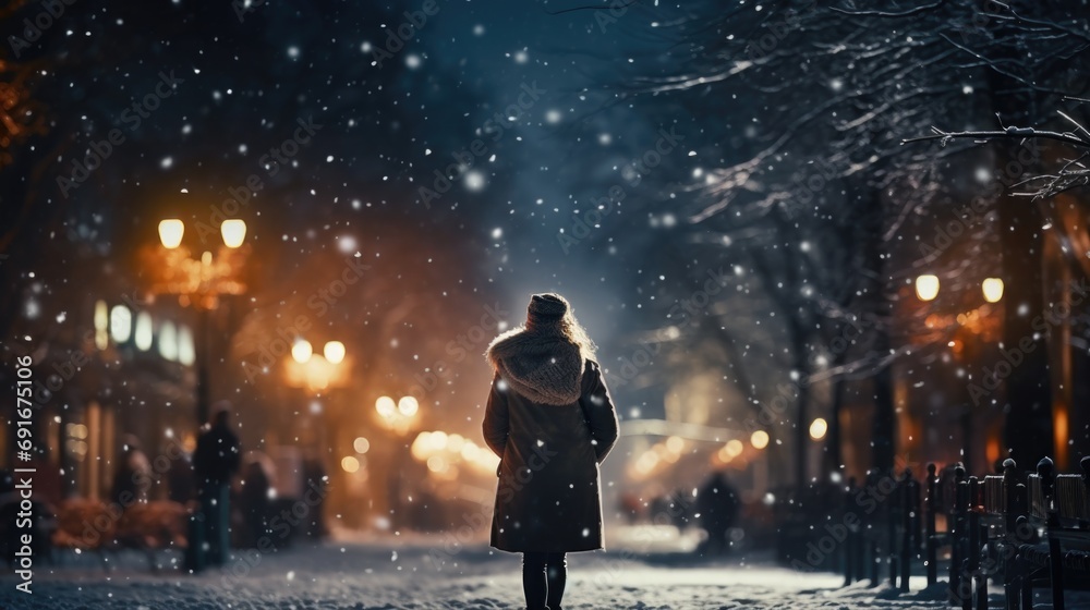 Obraz premium A woman is seen walking down a snowy street at night. This image can be used to depict a winter night scene or a peaceful evening stroll.
