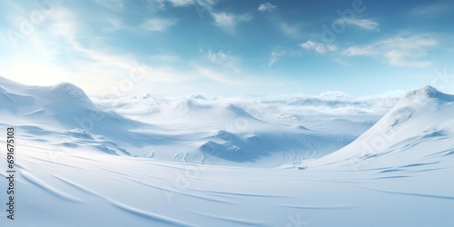 A picture of a snow-covered mountain with a beautiful sky background. This image can be used to depict the beauty of nature and the tranquility of snowy landscapes © Fotograf