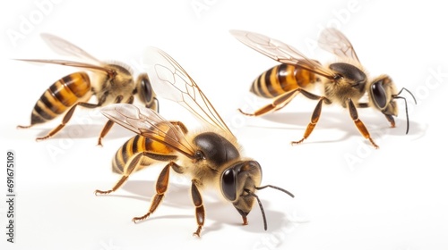 A group of bees gathered on a white surface. Perfect for illustrating the behavior and appearance of bees.