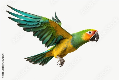 A parrot flying in the air with its wings spread. Suitable for nature, wildlife, and tropical themes