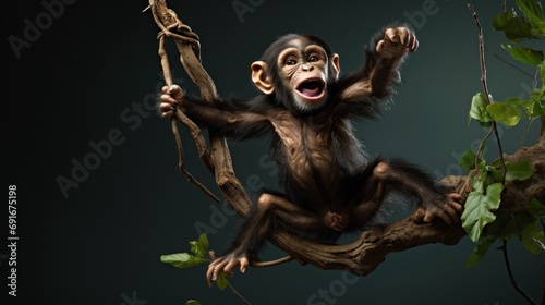  a chimpan sitting on a tree branch with its mouth open and hands up in the air  with its mouth wide open and mouth wide open wide open.