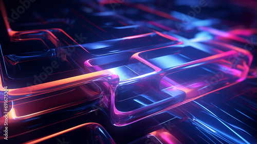 Neon colored cubicals and light strips with reflective windows, in the style of rendered in cinema4d, dark blue and pink, impressionistic still-life, smooth and curved lines, shallow depth of field photo