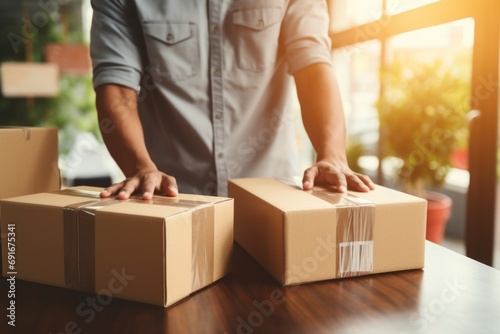 A man is seen holding two boxes on top of a table. This image can be used to depict concepts such as organization, moving, or storage solutions © Fotograf