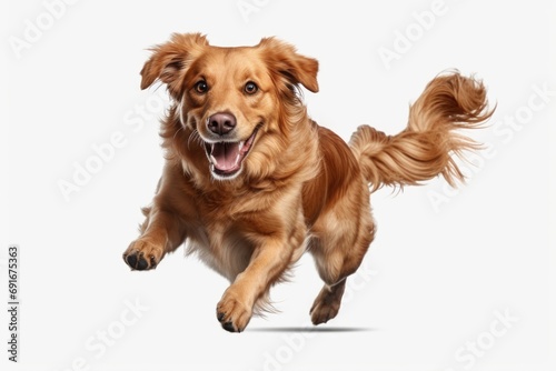 A brown dog in motion, running across a plain white background. Suitable for various uses