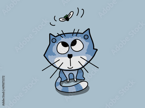 Cat with a Fly is a vector image that shows a black and white drawing of a cat sitting on its hind legs watching a fly flying over its head. Doodle image.