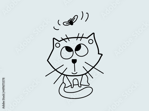 Cat with a Fly is a vector image that shows a black and white drawing of a cat sitting on its hind legs watching a fly flying over its head. Doodle image.