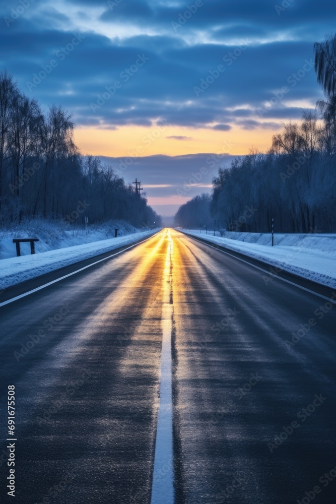 A long empty road in the middle of a snowy field. Suitable for winter landscape and travel themes