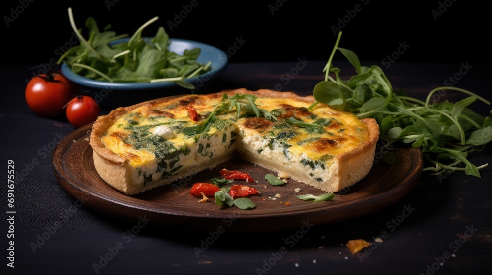  a quiche with a slice taken out of it on a plate next to a plate with a salad and a plate with a spinach leafy salad on it.