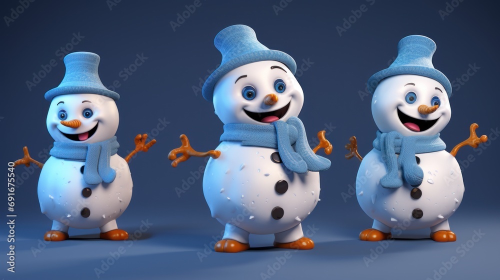  three snowmen standing next to each other with hats and scarves on their heads and one wearing a scarf and the other wearing a snowman's hat.