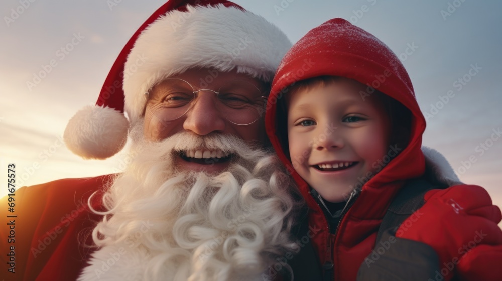 A man and a little boy dressed up as Santa Claus. Perfect for holiday-themed projects or Christmas-related content A man and a little boy dressed up as Santa Claus. Perfect for holiday-themed projects or Christmas-related content