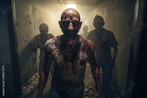 A man with blood all over his face standing in a hallway. This image can be used to depict horror, violence, crime scenes, or Halloween-themed designs