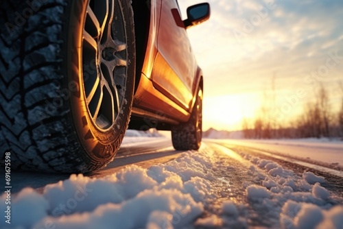 A car driving on a snowy road at sunset. Suitable for winter travel or scenic landscape themes