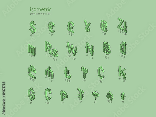 Hand drawn isometric currency signs of the world. Vector image.