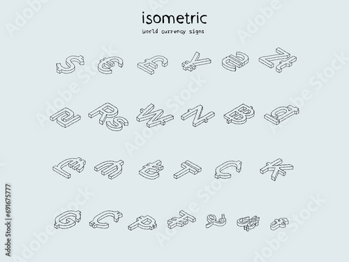 Hand drawn isometric currency signs of the world. Vector image. photo