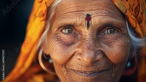 An elderly woman wearing a yellow sari on her head.