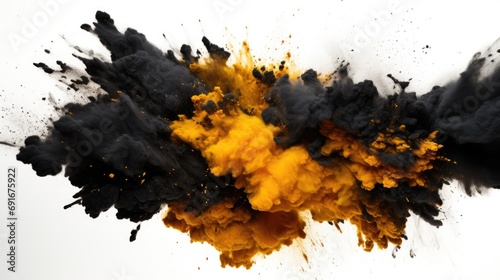 A vibrant black and yellow smoke explosion captured on a clean white background. Perfect for adding a dynamic touch to designs or illustrating concepts such as energy, power, or creativity