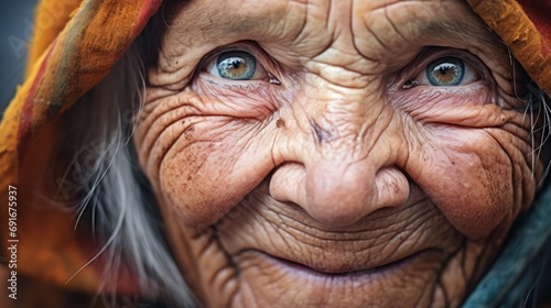 An elderly woman with captivating blue eyes.